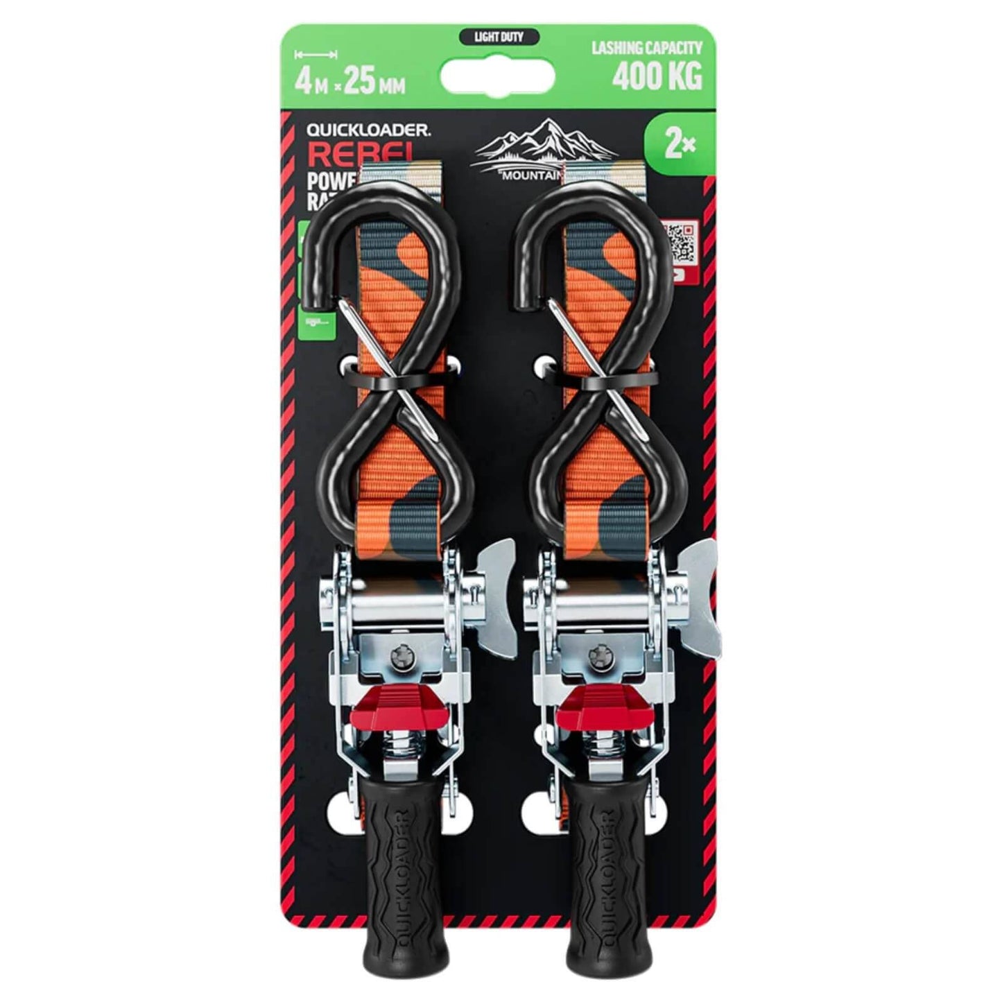 Quickloader Rebel Ratchet Strap - 25mm x 4m - 400kg - 2 Pack - Orange