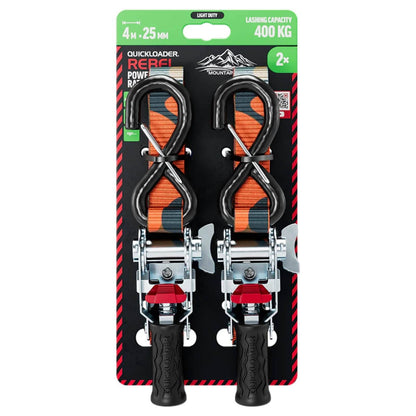 Quickloader Rebel Ratchet Strap - 25mm x 4m - 400kg - 2 Pack - Orange