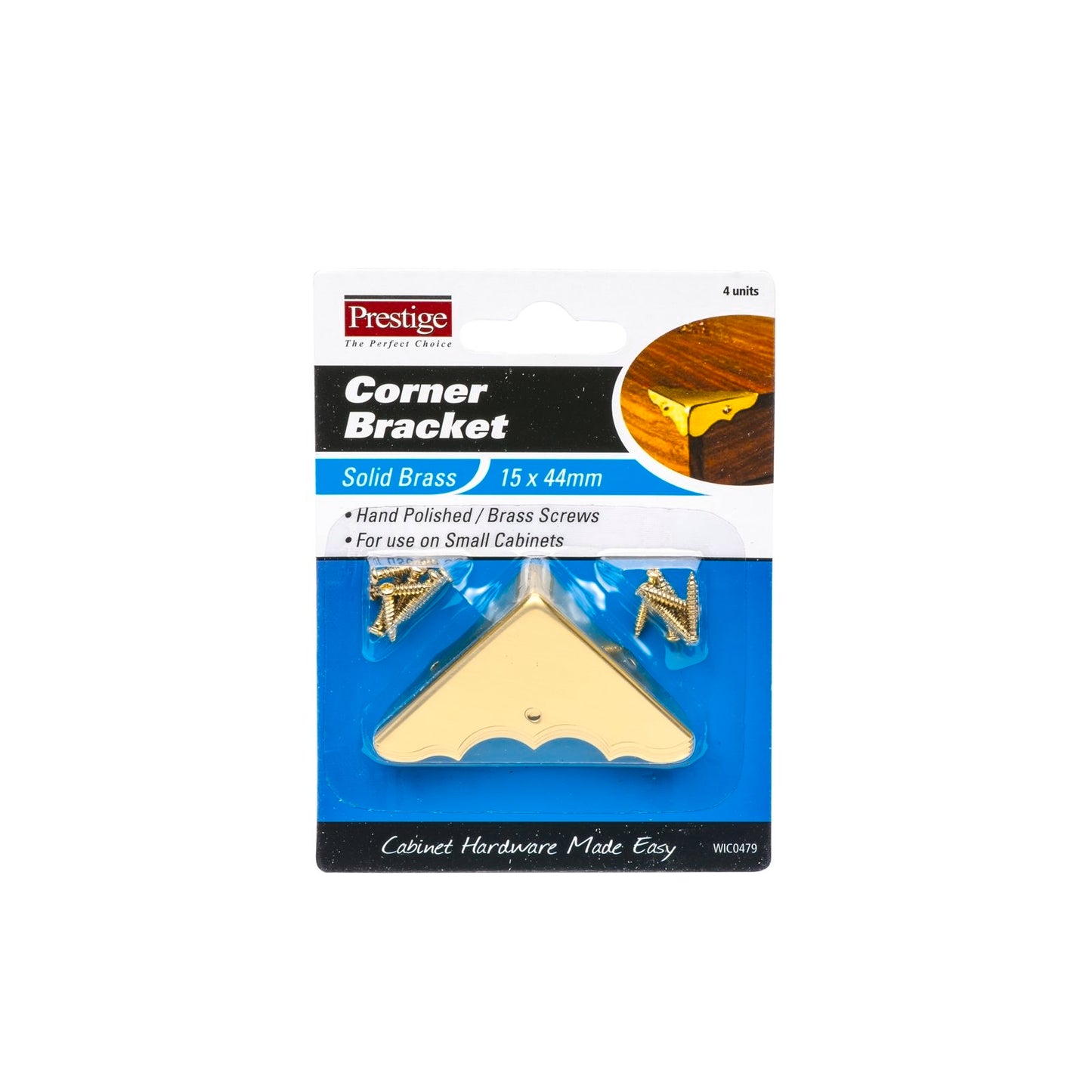 Prestige Decorative Corner Brackets - 15 x 44mm - Brass