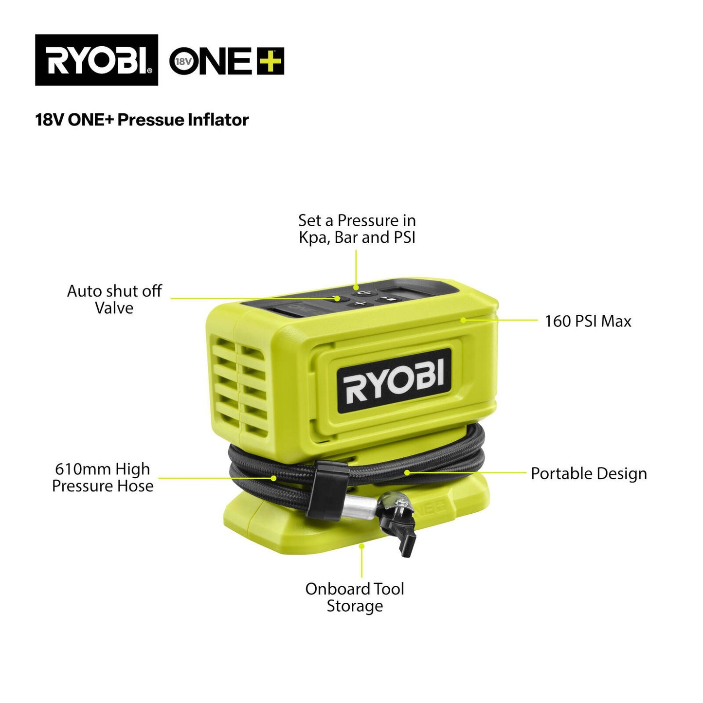 Ryobi ONE+ High Pressure Inflator - Tool Only - 160 PSI