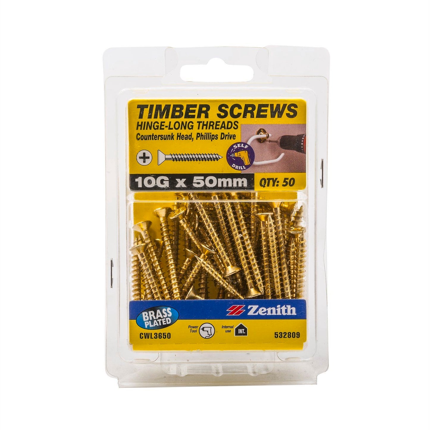 Zenith Hinge Long Thread Screw - 10g x 50mm - Brass - 50 Pack