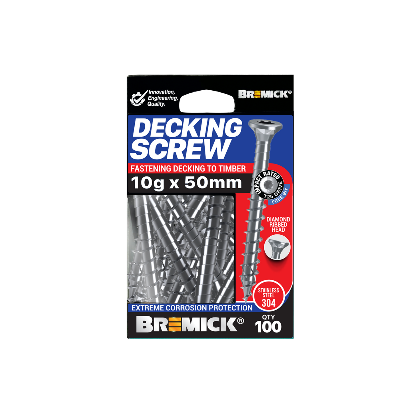 Bremick Decking Screw - 10g x 50mm - Spiral Rib T25 - SS304 - 100 Pack