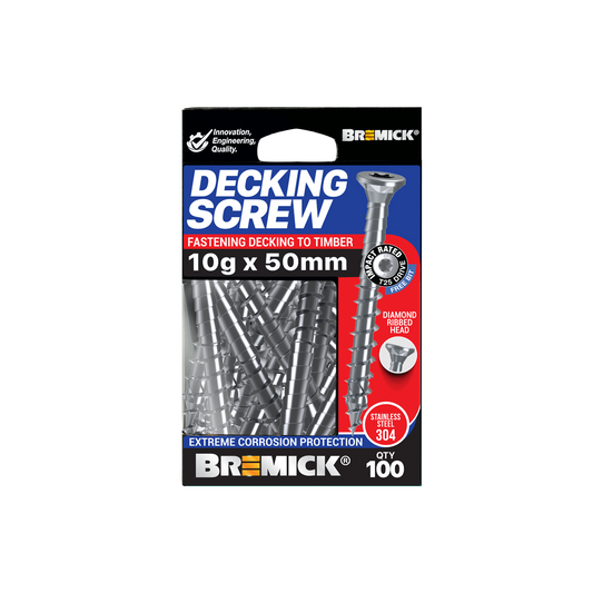 Bremick Decking Screw - 10g x 50mm - Spiral Rib T25 - SS304 - 100 Pack