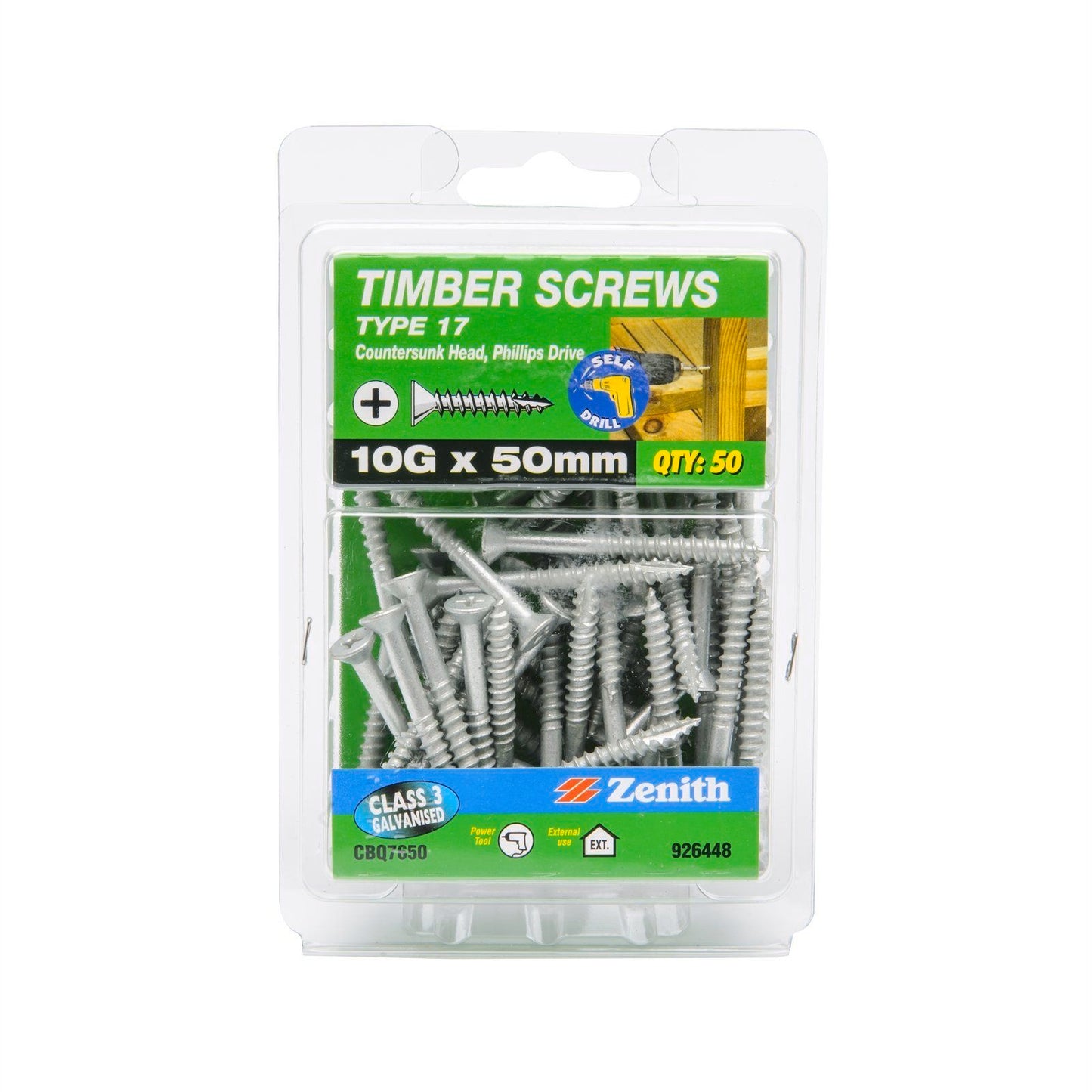 Zenith Timber Screws - 10g x 50mm - Galvanised - 50 Pack