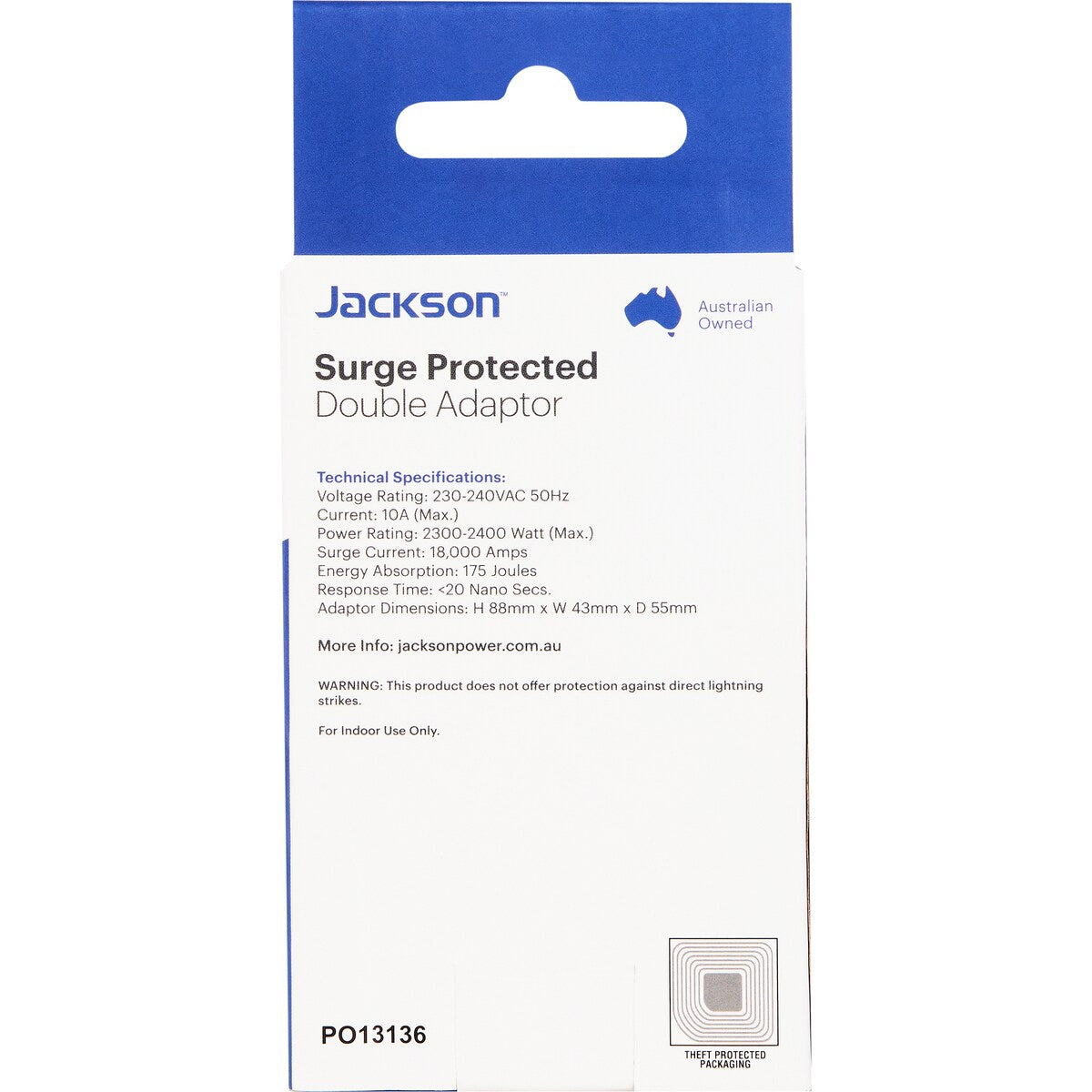 Jackson Surge Protected Double Adaptor - Vertical Style each