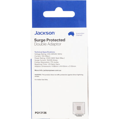 Jackson Surge Protected Double Adaptor - Vertical Style each