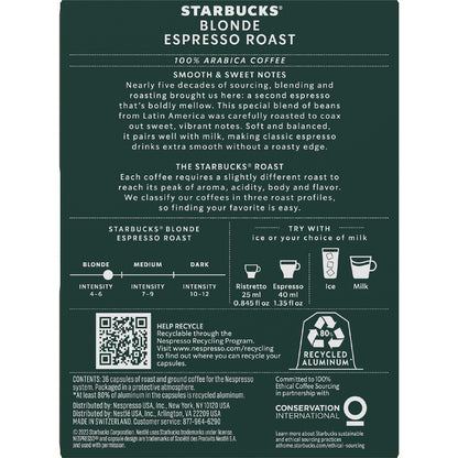 Starbucks By Nespresso Blonde Espresso Roast Coffee Pods 36 Pack