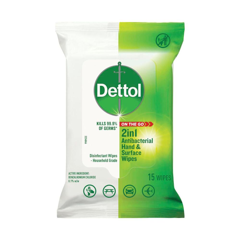 Dettol 2 in 1 Hands And Surfaces Antibacterial Wipes - 15 pack