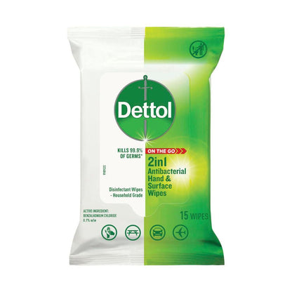Dettol 2 in 1 Hands And Surfaces Antibacterial Wipes - 15 pack