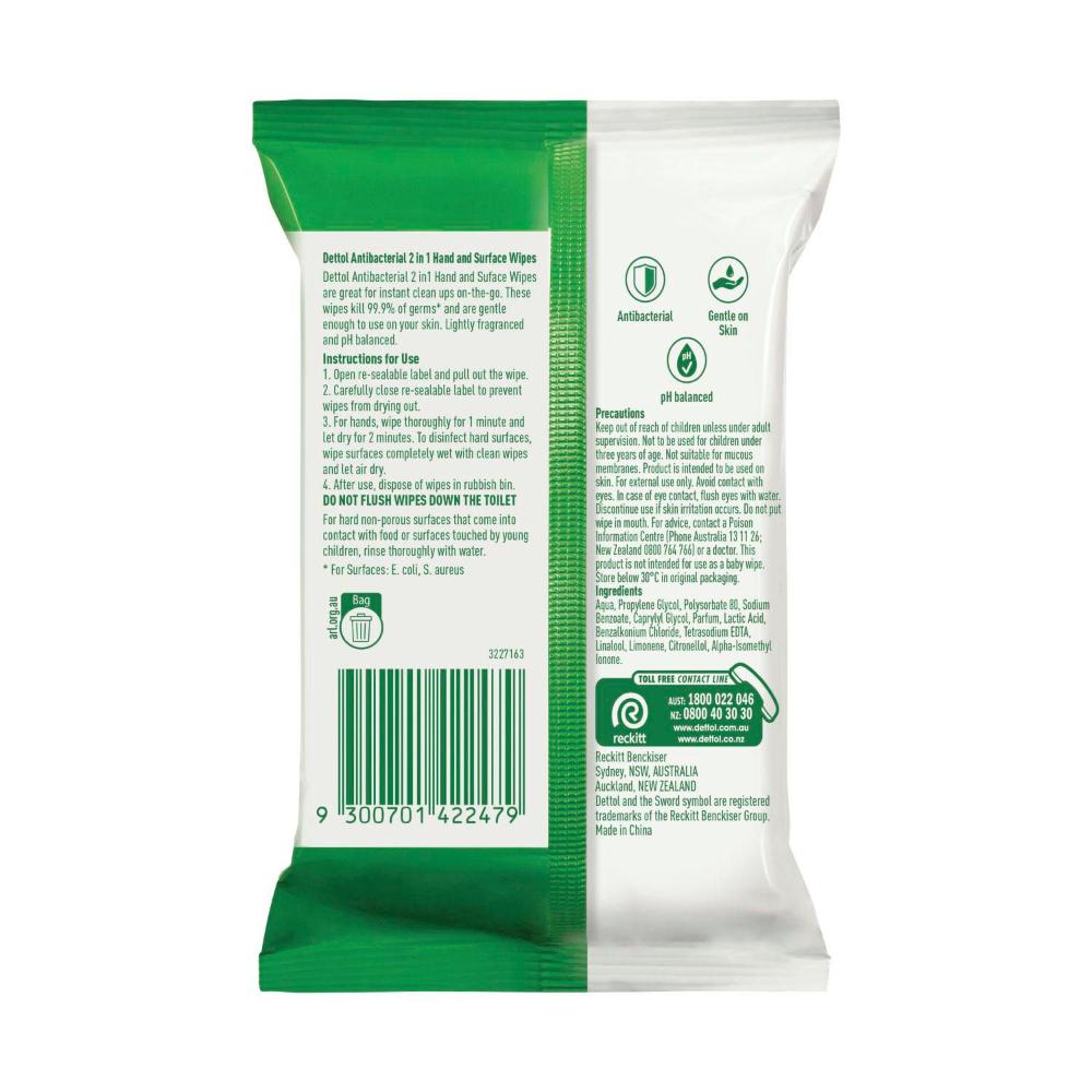 Dettol 2 in 1 Hands And Surfaces Antibacterial Wipes - 15 pack