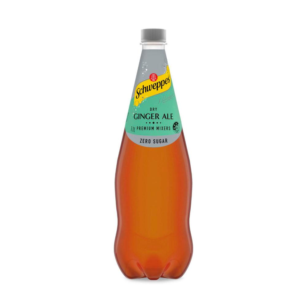 Schweppes Zero Sugar Classic Mixers Dry Ginger Ale Soft Drink Bottle - 1.1L