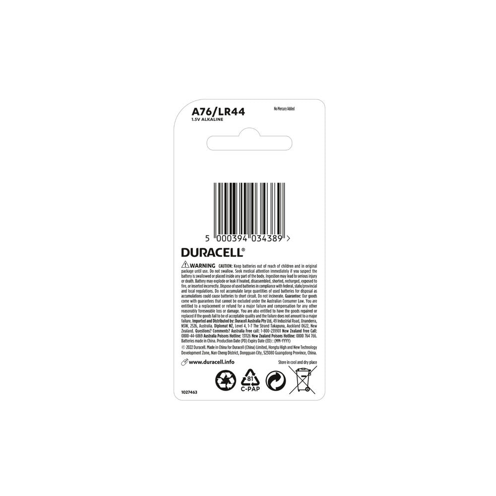 Duracell Specialty Lr44 Alkaline Batteries - 2 Pack