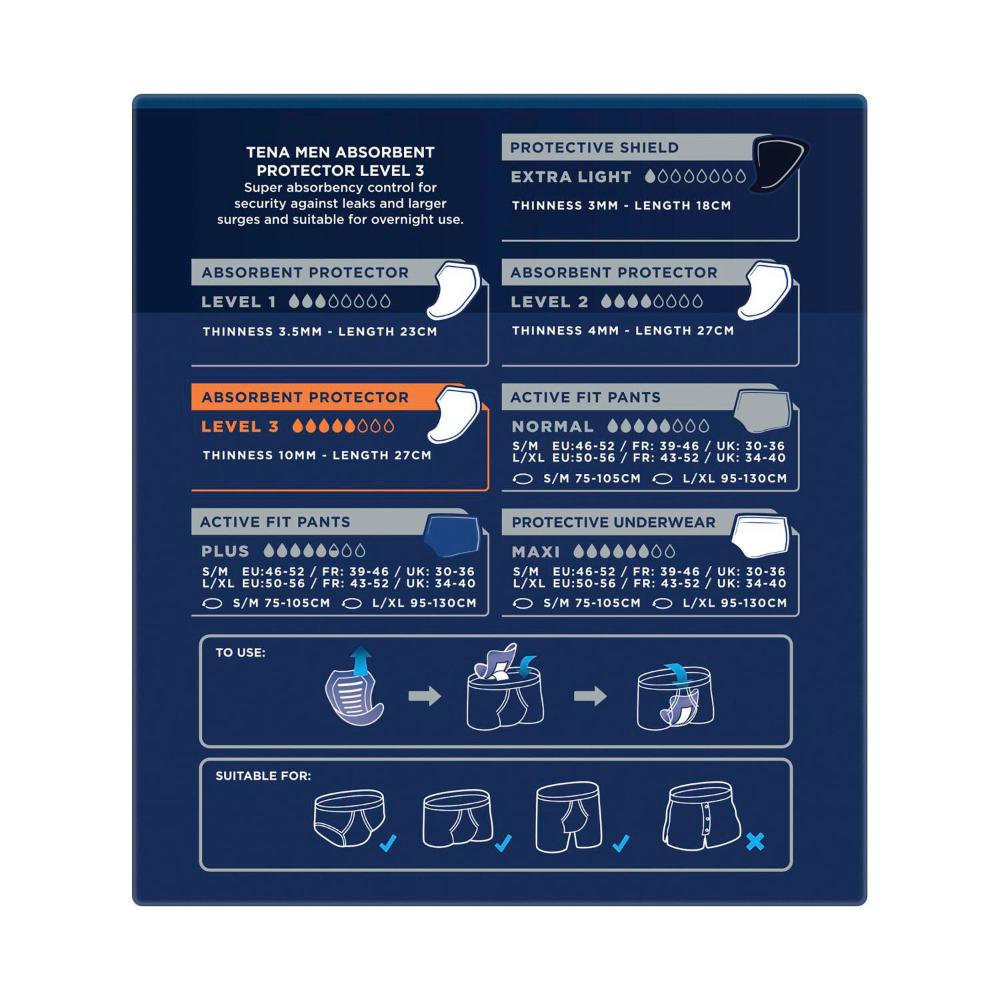 Tena Men Absorbent Protector Level 3 Super Incontinence Pads - 8 pack