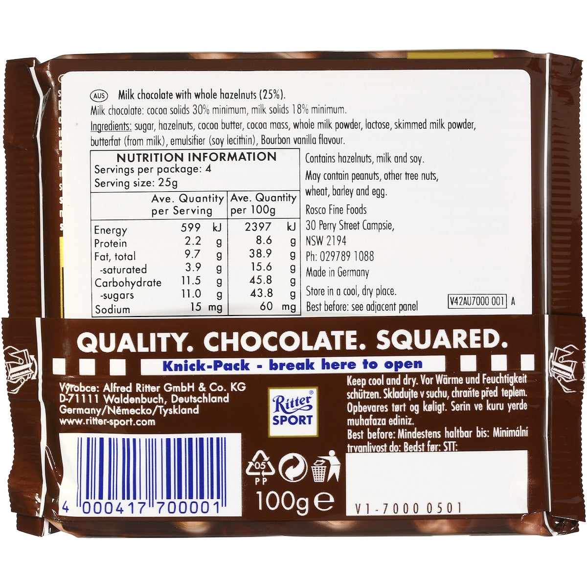 Ritter Sport Whole Hazelnut Chocolate Block 100g