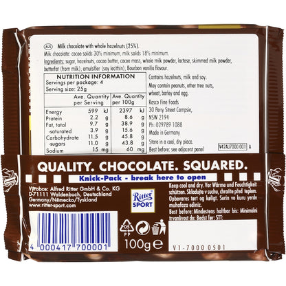 Ritter Sport Whole Hazelnut Chocolate Block 100g