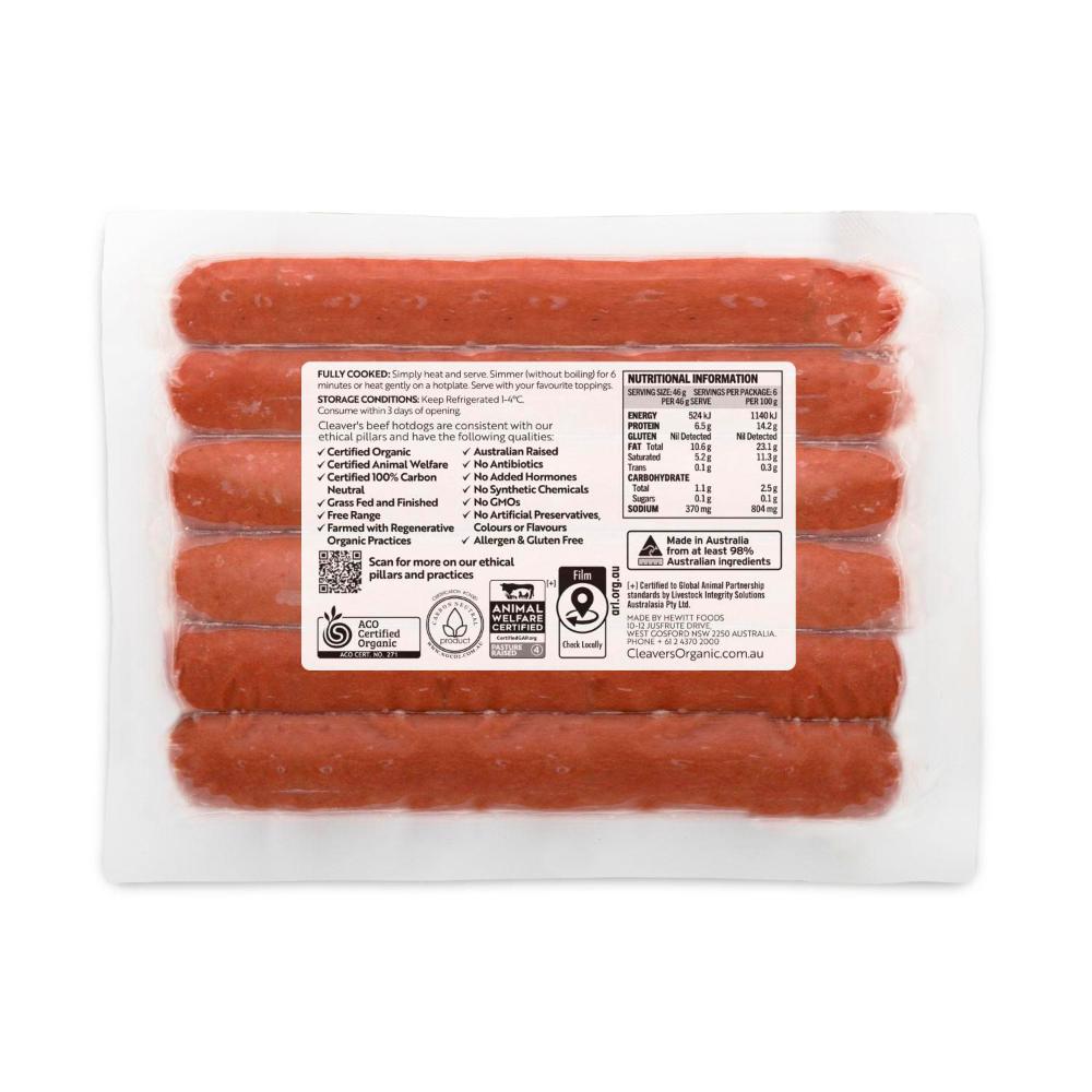 Cleaver's Organic Grass-fed Beef Hotdogs Gluten Free - 275g
