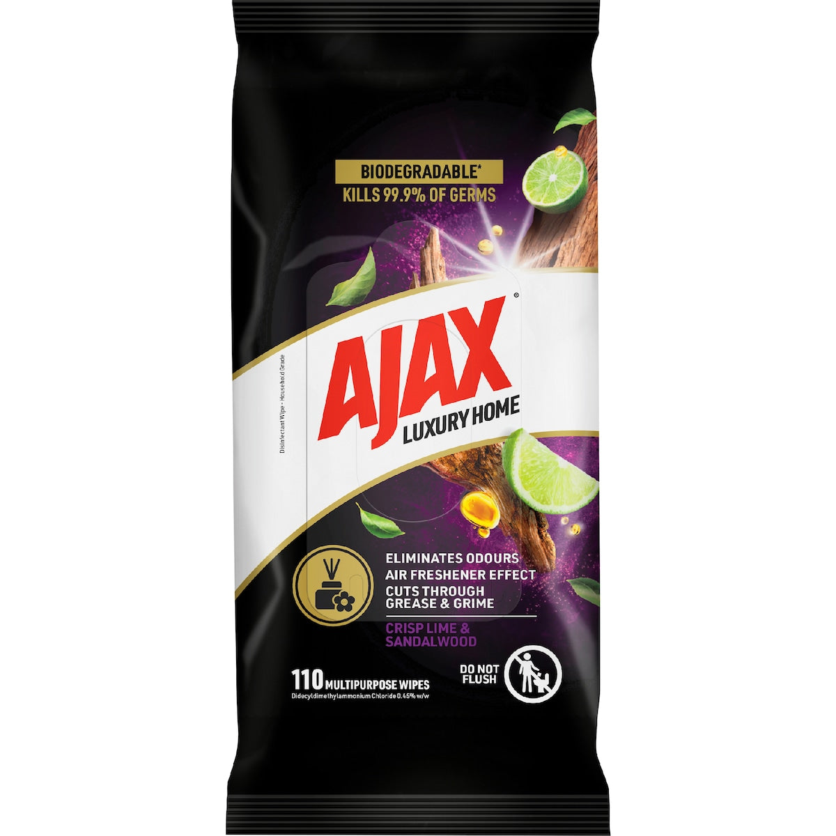 Ajax Multipurpose Cleaning Wipes Luxury Home Lime & Sandalwood 110 Pack
