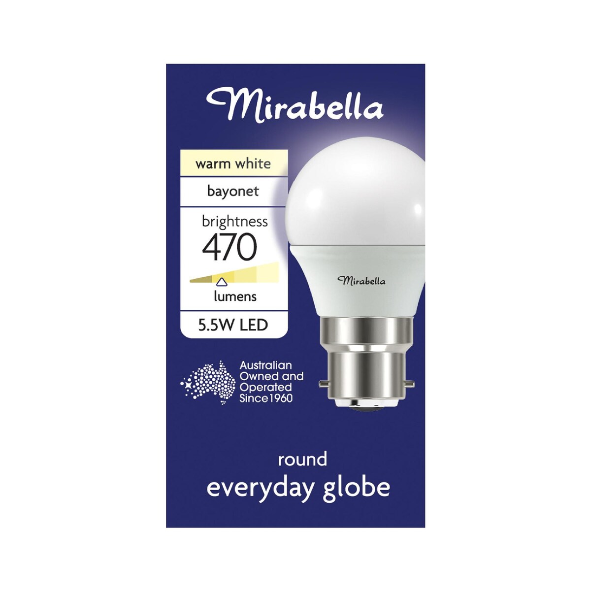 Mirabella LED Round Bayonet Cap 5W 470lm Warm White Light Globe each