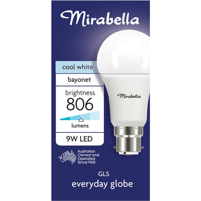 Mirabella 9W LED Gls Cool White Light Globe each