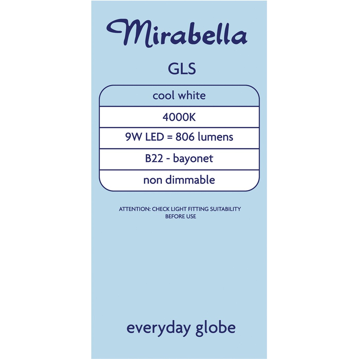 Mirabella 9W LED Gls Cool White Light Globe each