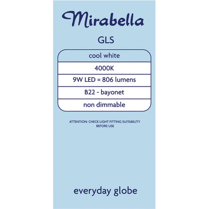Mirabella 9W LED Gls Cool White Light Globe each