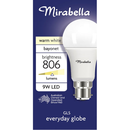 Mirabella 9W LED GLS Bayonet Warm White Light Globe each