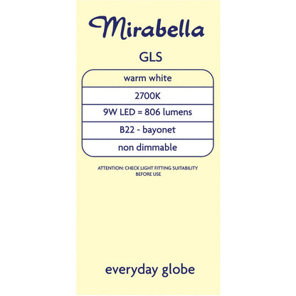 Mirabella 9W LED GLS Bayonet Warm White Light Globe each