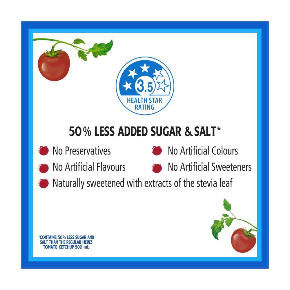 Heinz Tomato Ketchup 50% Less Sugar & Salt Squeezy - 500mL