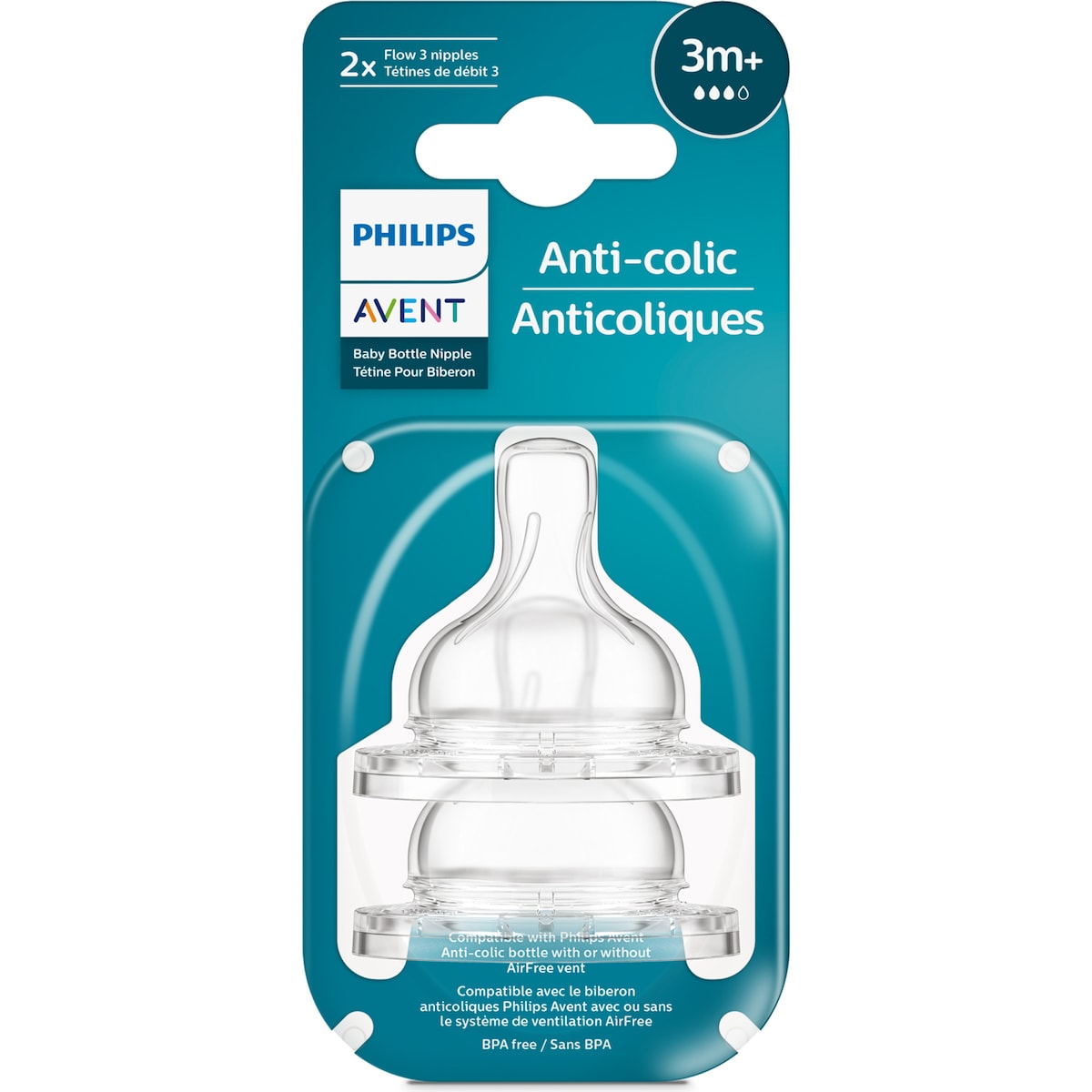 Philips Avent Anti Colic Baby Bottle Teats 3 Month+ 2 Pack