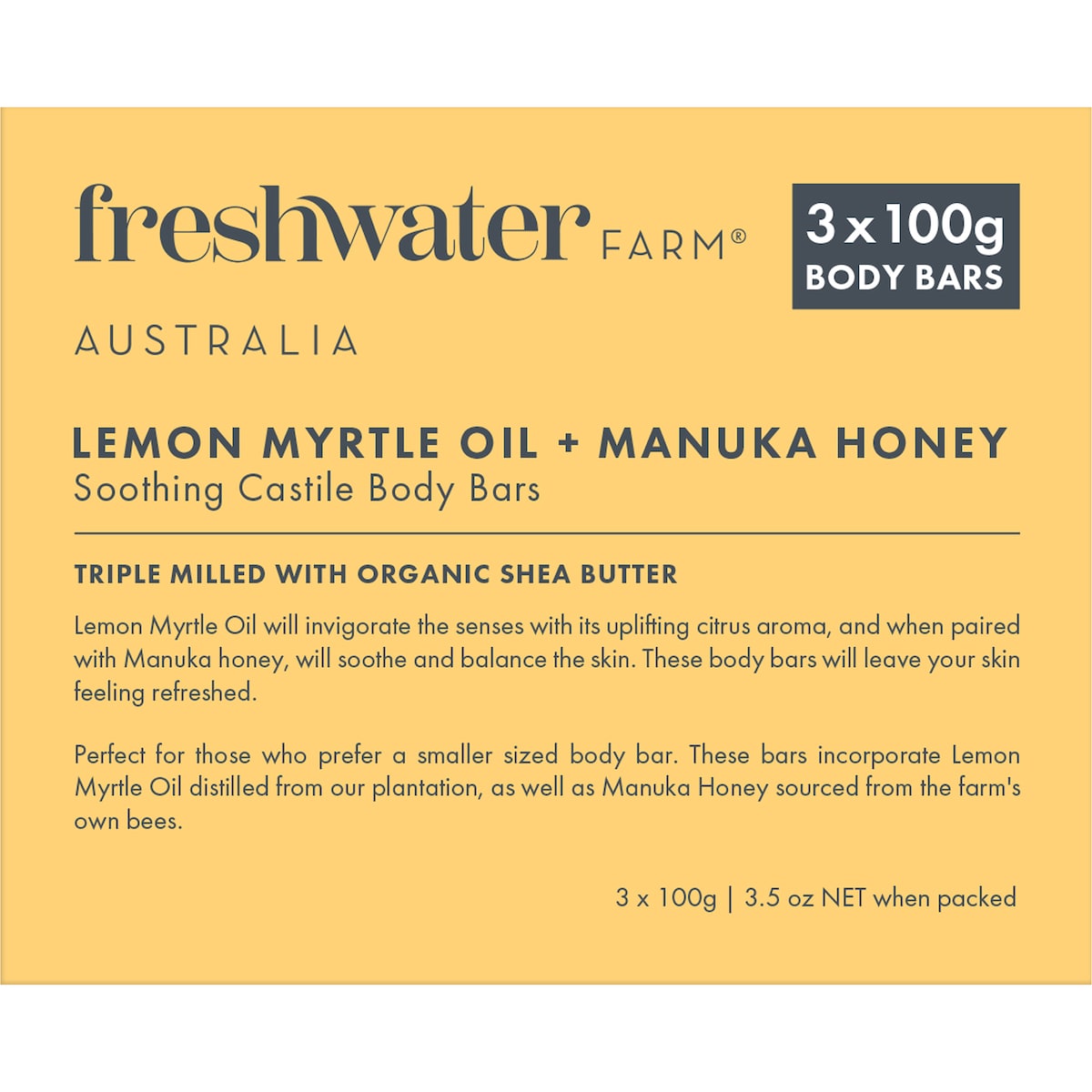 Freshwater Farm Australia Lemon Myrtle Manuka Honey Soap 100g X 3 Pack