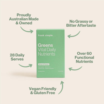 Frank Simple. Greens Vital Daily Nutrients Mango & Papaya Sachets 28 Pack