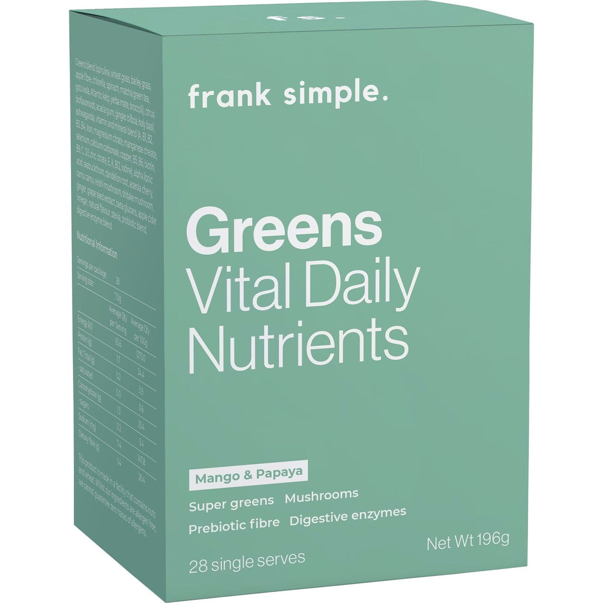 Frank Simple. Greens Vital Daily Nutrients Mango & Papaya Sachets 28 Pack