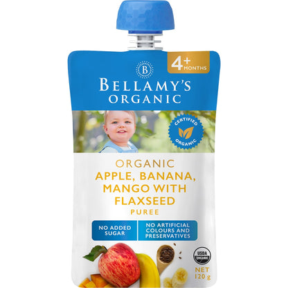 Bellamys Organic Apple, Banana, Mango With Flaxseed Puree 120g