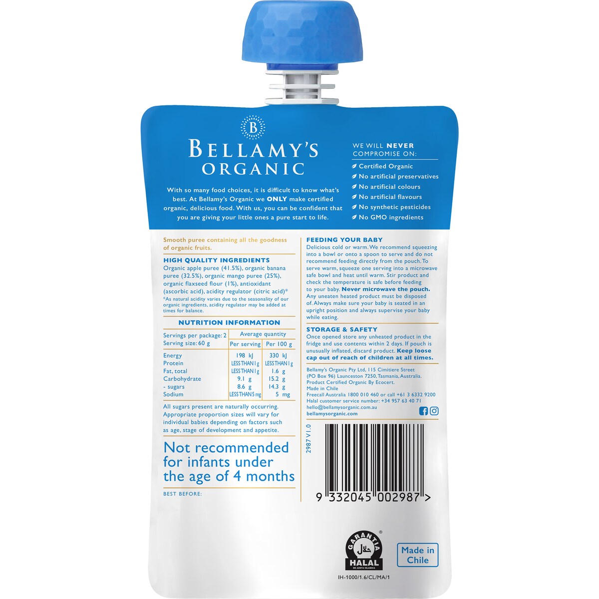 Bellamys Organic Apple, Banana, Mango With Flaxseed Puree 120g