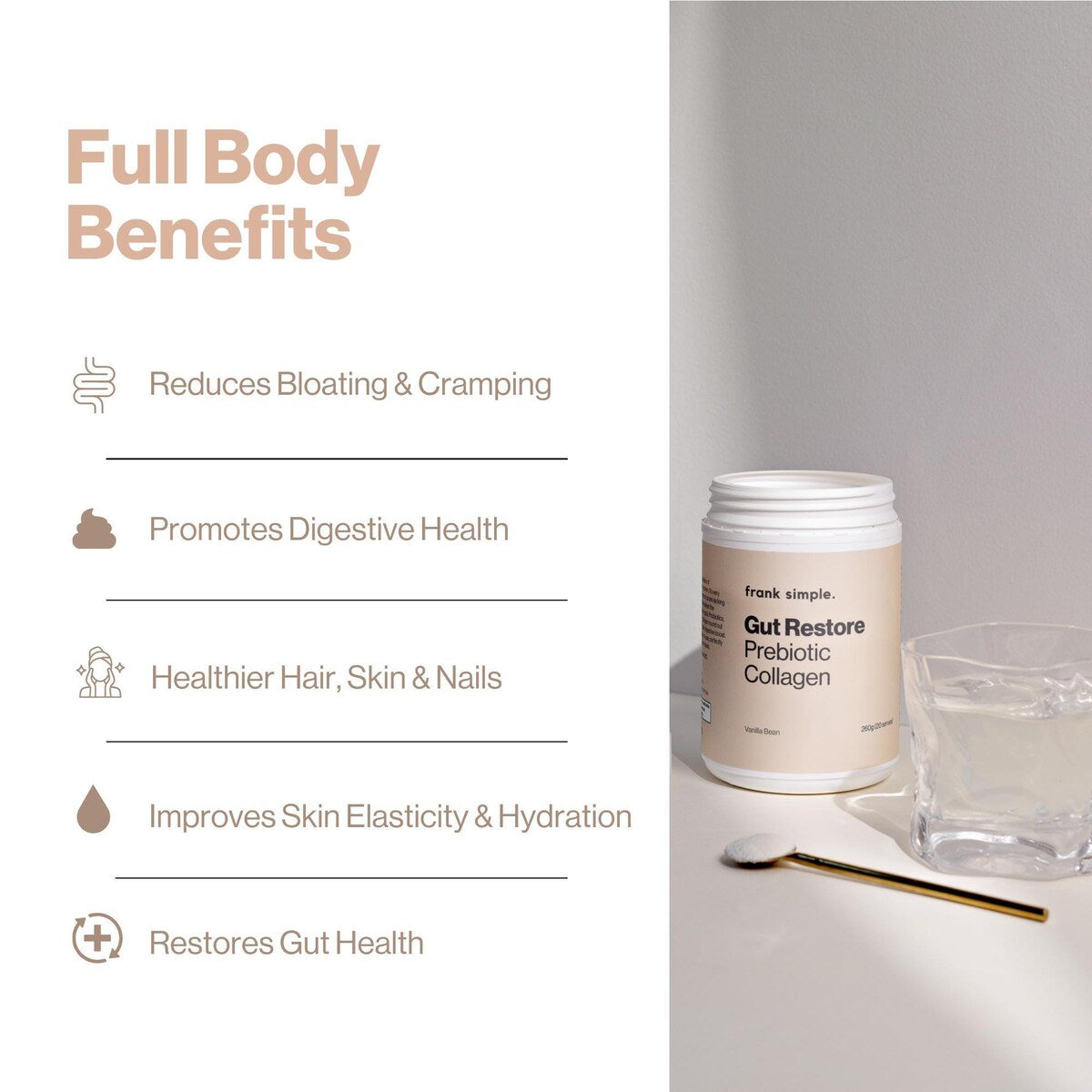 Frank Simple. Gut Restore Prebiotic Collagen Vanilla Bean Tub 260g