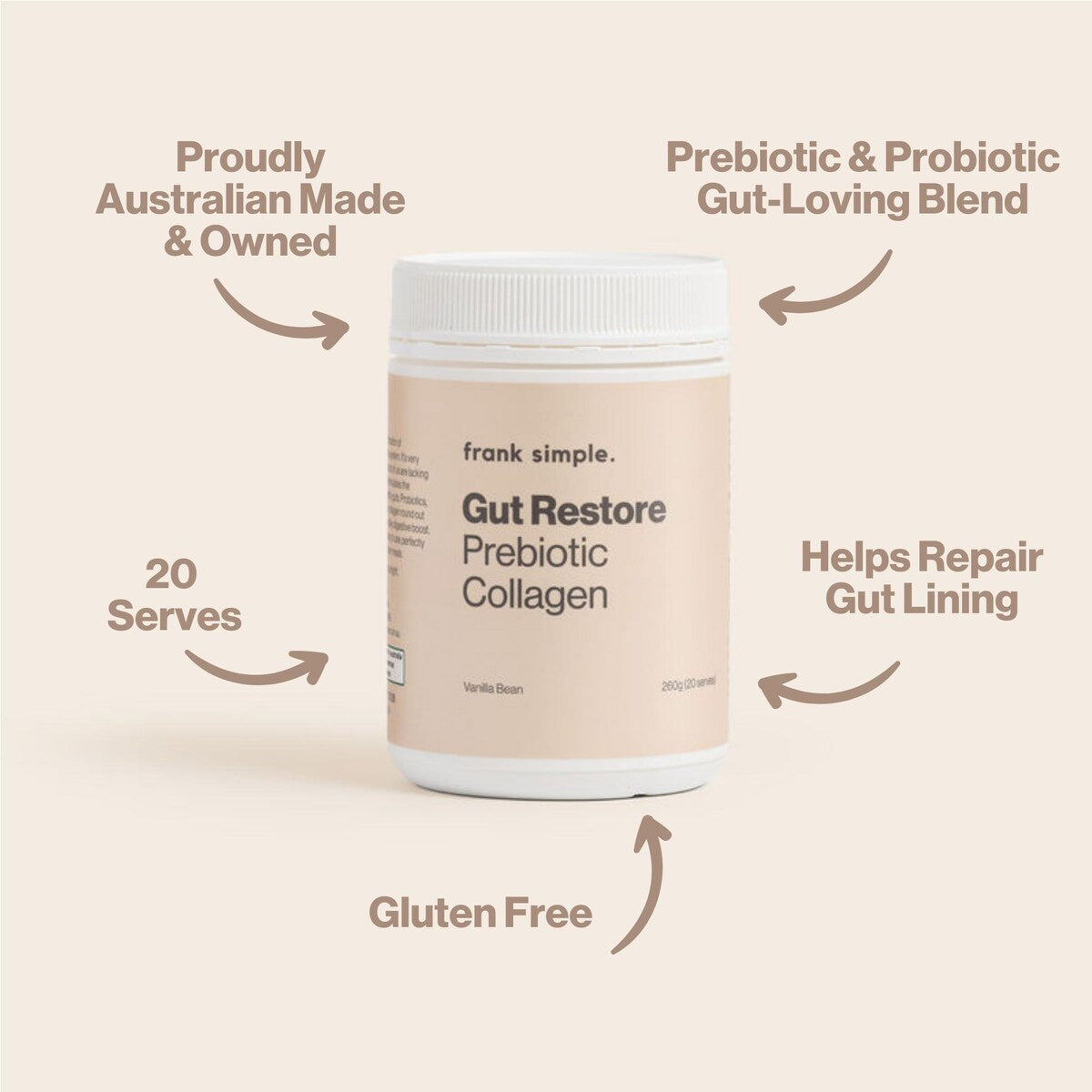 Frank Simple. Gut Restore Prebiotic Collagen Vanilla Bean Tub 260g