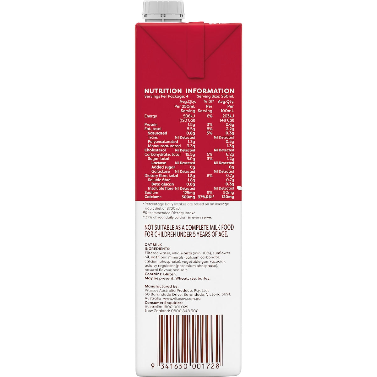 Vitasoy Unsweetened Oat Long Life Milk Uht 1l