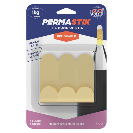 Permastik Medium Brass Metal Hooks Holds 1kg 3 Pack