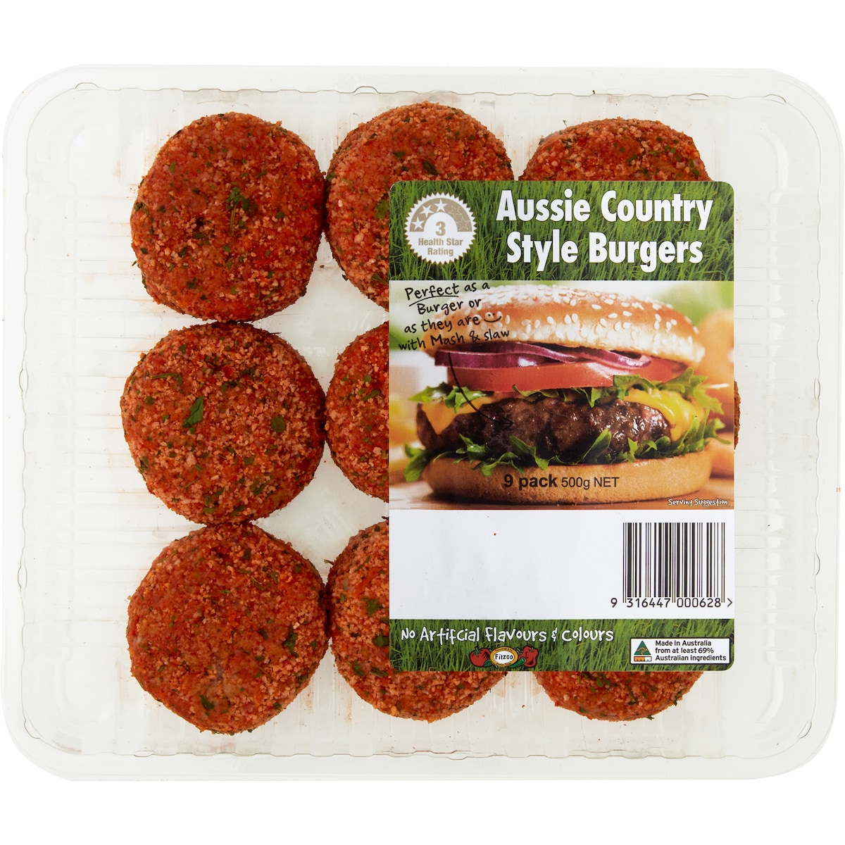 Fitzco Aussie Country Style Burgers Style Burger 9 Pack
