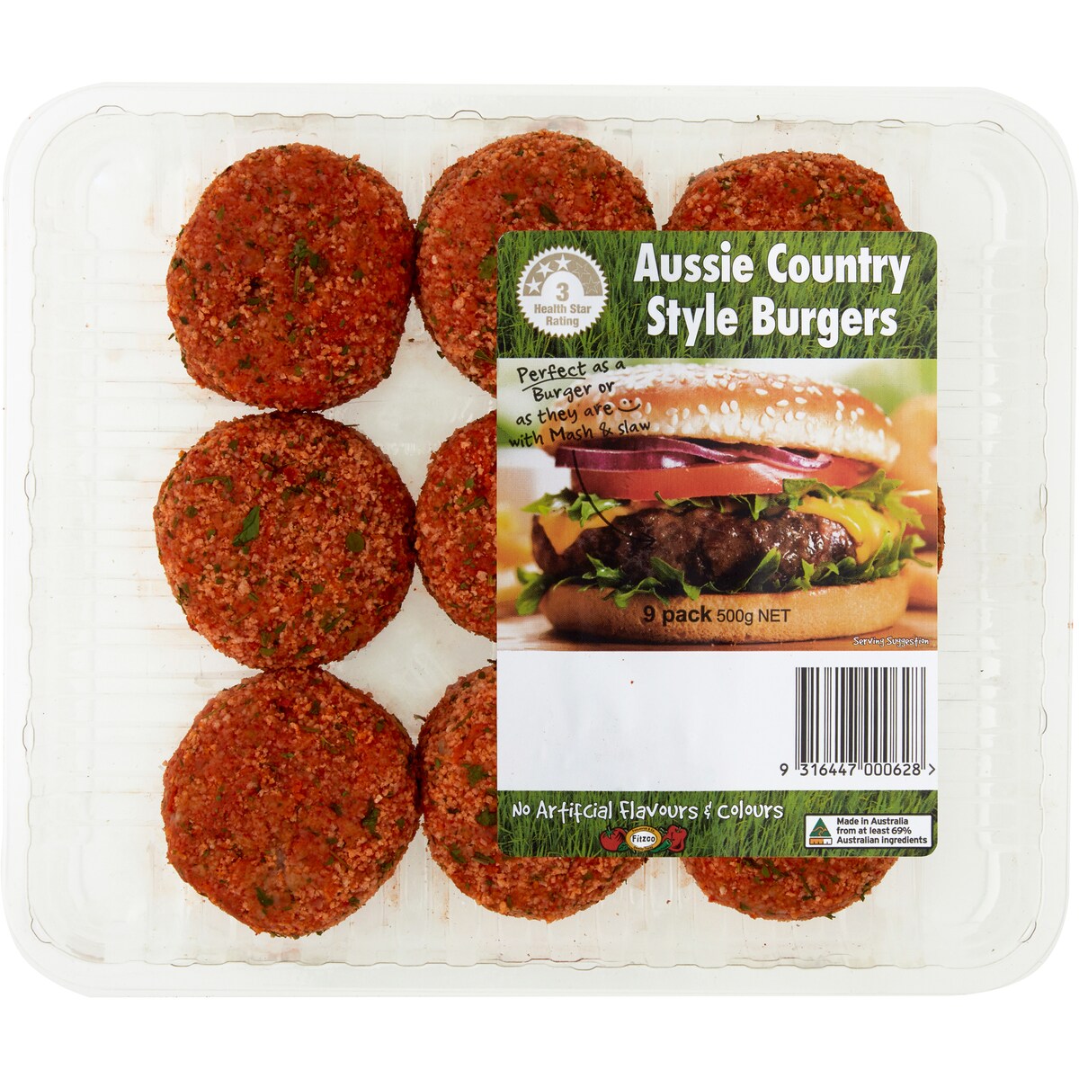 Fitzco Aussie Country Style Burgers Style Burger 9 Pack