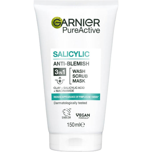 Garnier Pure Active 3-in-1 Clay Wash Scrub & Mask 150ml