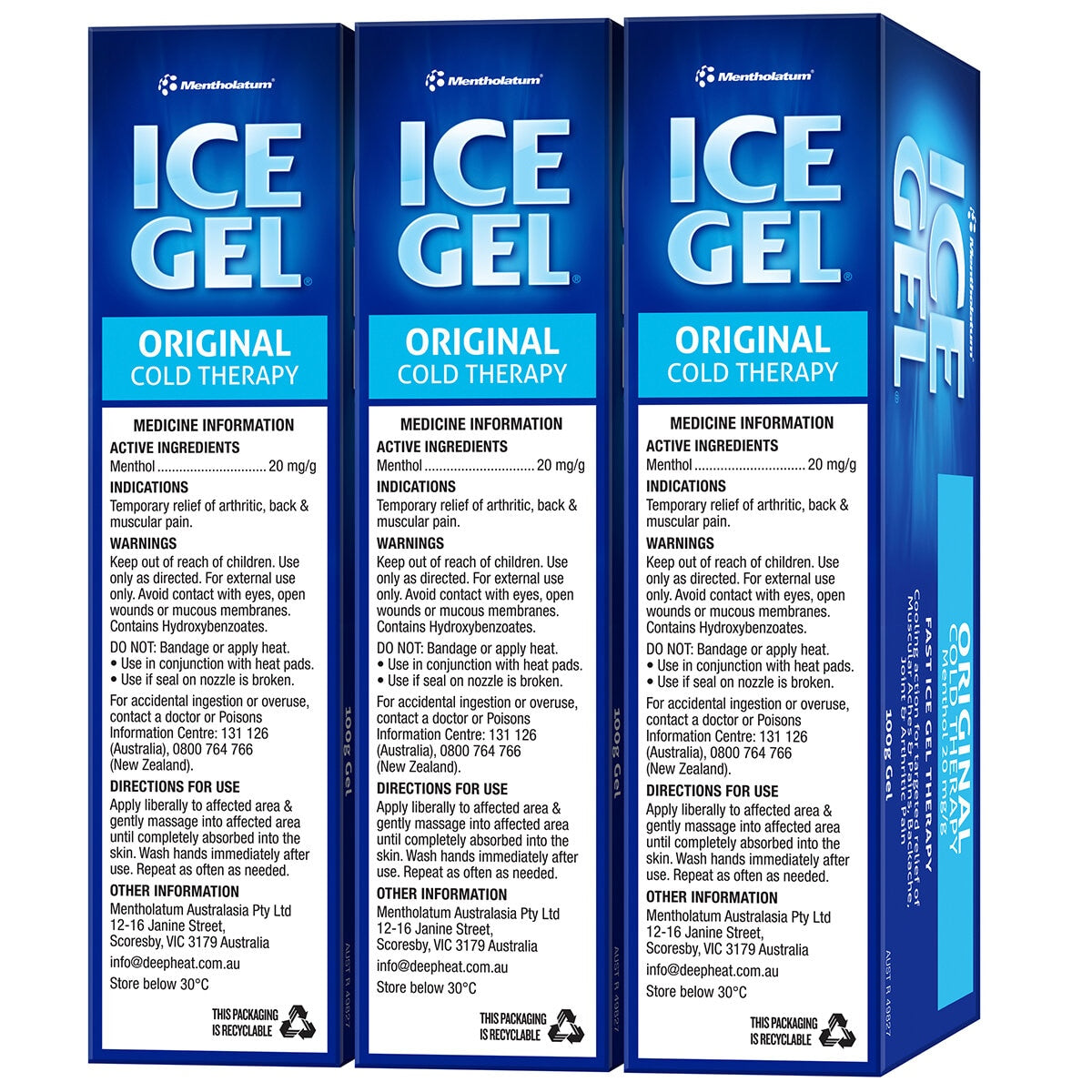 Mentholatum Ice Gel Cooling Muscle & Joint Pain Relief 3 x 100g