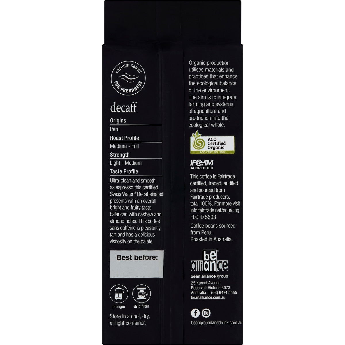 Bean Ground & Drunk Organic Coffee Decaff 250g