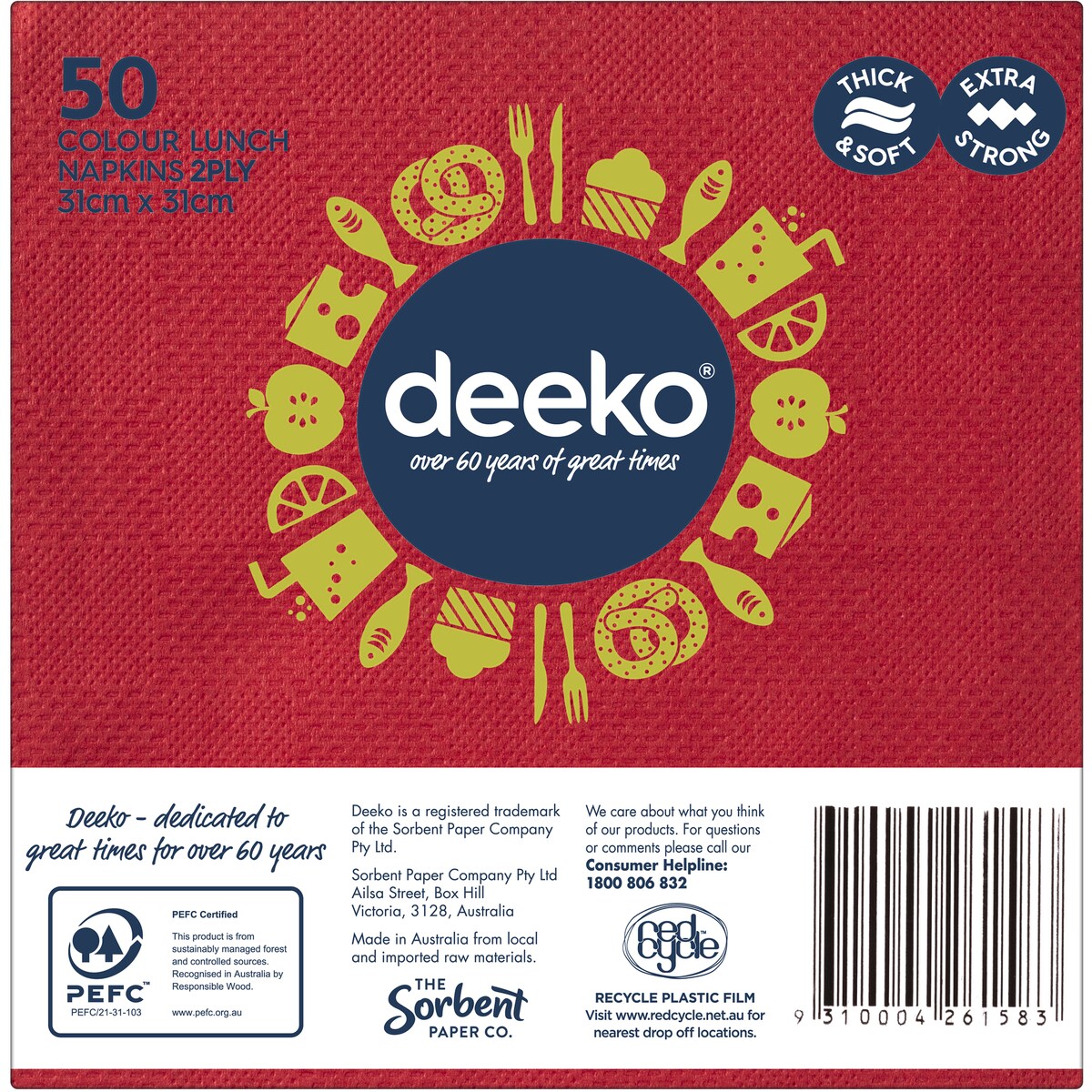 Deeko Serviettes Lunch 2 Ply Assorted 50 Pack