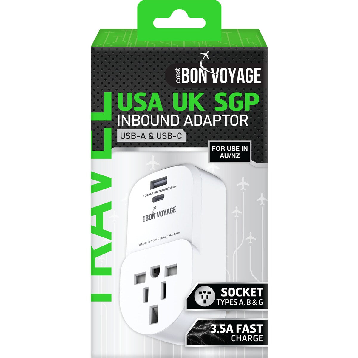 Crest Inbound Adaptor USA UK SGP Dual USB 3.5A Fast Charge each