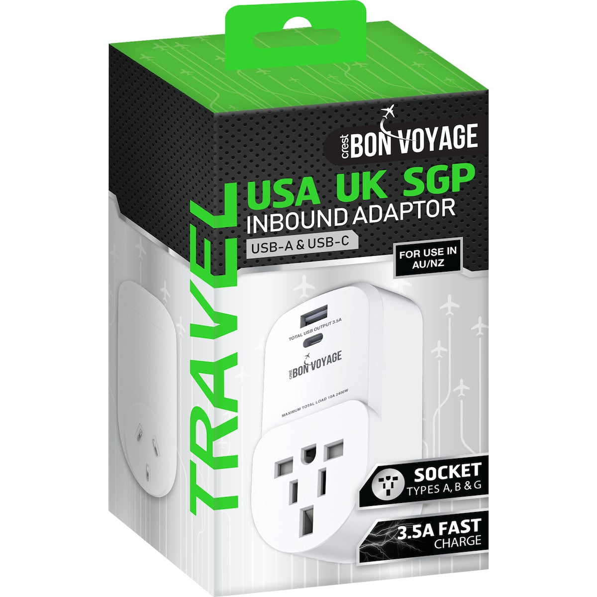 Crest Inbound Adaptor USA UK SGP Dual USB 3.5A Fast Charge each