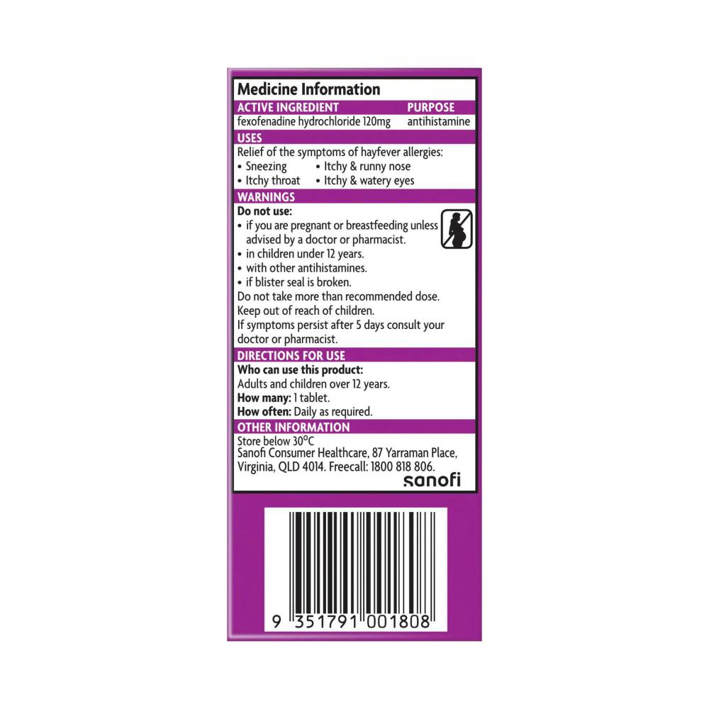 Telfast Hayfever Allergy Relief 120mg Antihistamine Tablets - 10 pack