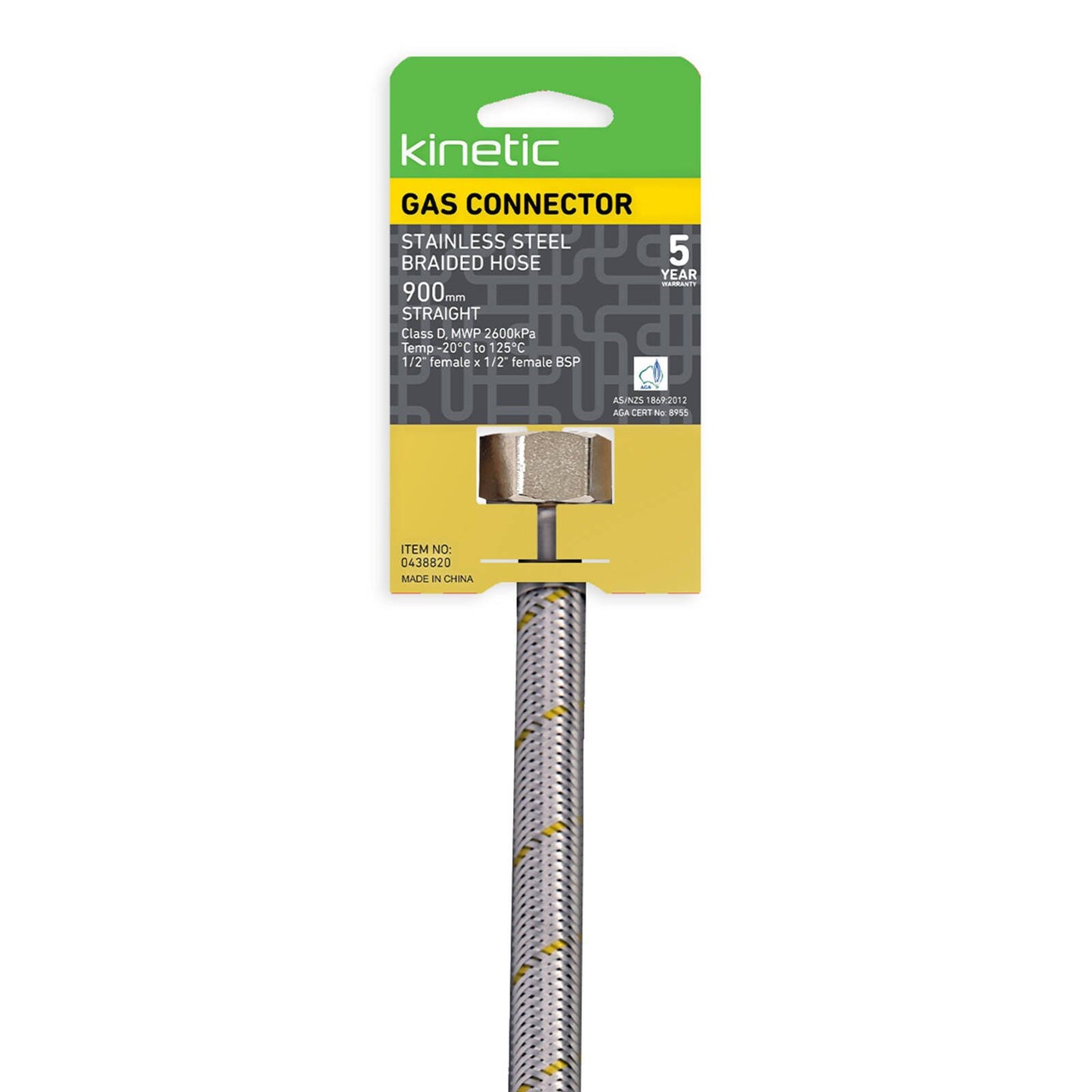 Kinetic 900mm Stainless Steel Flexible Braided Gas Connector