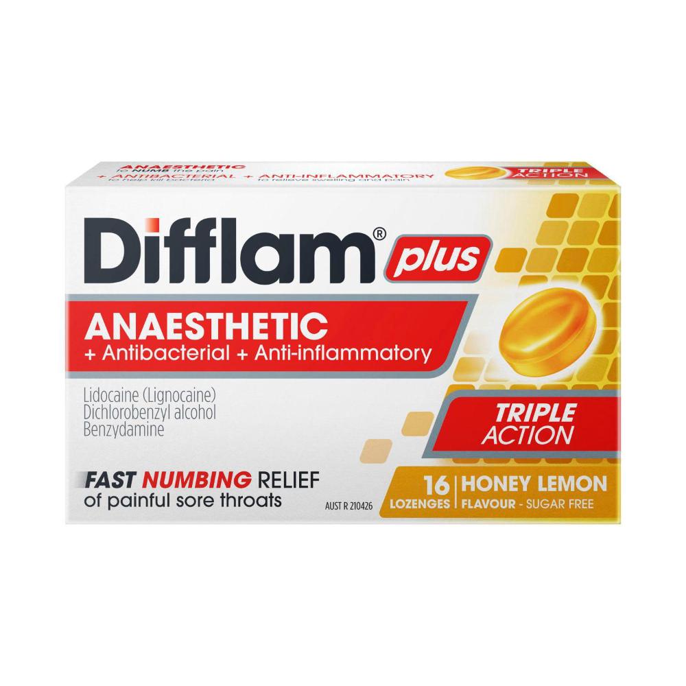 Difflam Plus Anaesthetic Honey And Lemon Flavour Lozenges - 16 pack