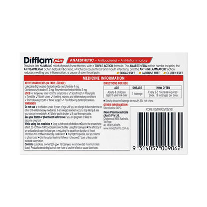 Difflam Plus Anaesthetic Honey And Lemon Flavour Lozenges - 16 pack